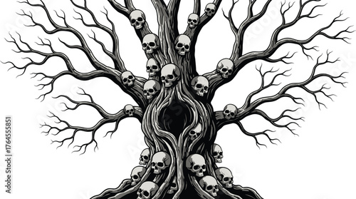 Vector art of creepy tree with many skulls on its branches and trunk