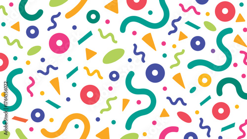 Abstract geometric confetti seamless pattern. Colourful confetti shapes for party celebration and festive events. modern background with playful shapes, circles, triangles, and curves. Vector 
