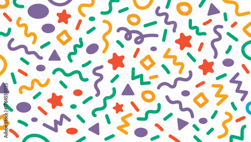 Abstract geometric confetti seamless pattern. Colourful confetti shapes for party celebration and festive events. modern background with playful shapes, circles, triangles, and curves. Vector 