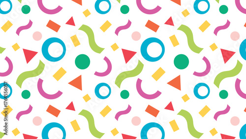 Abstract geometric confetti seamless pattern. Colourful confetti shapes for party celebration and festive events. modern background with playful shapes, circles, triangles, and curves. Vector 