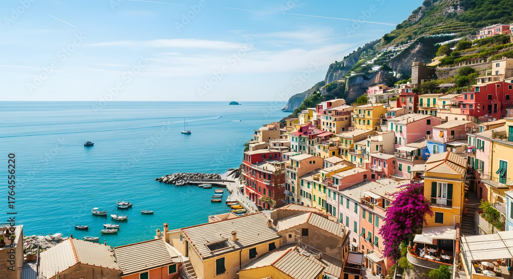 Obraz premium Picturesque coastal village of manarola, italy, with colorful buildings and sea view