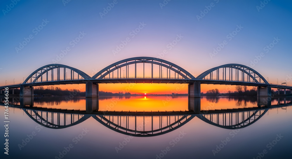 Fototapeta premium Panoramic view of the arched bridge reflecting in the river at sunrise