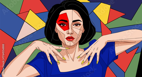 Geometric portrait of a woman with bold color blocks
