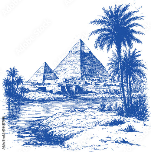 Blue Engraving Style Illustration of Egyptian Pyramids and Palm Trees by Water giza ancient