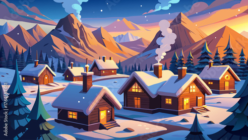 Mountain village blanketed in snow, wooden cabins with smoke rising from chimneys, orange glow from windows, peaceful twilight and gentle snowfall