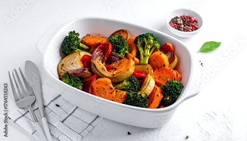 Roasted broccoli, carrots, onions, and squash in white dish on white towel, side view, with pepper in small bowl