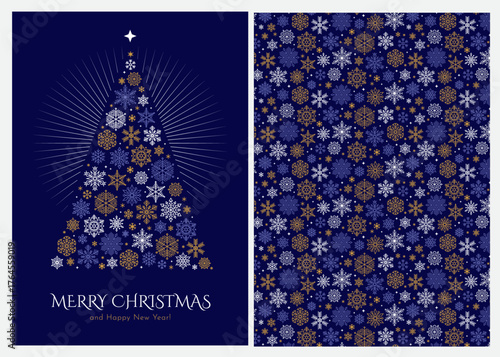 Christmas greeting card or banner design with snowflakes in a shape of Christmas tree and a seamless pattern on blue background. Winter holidays festive background.