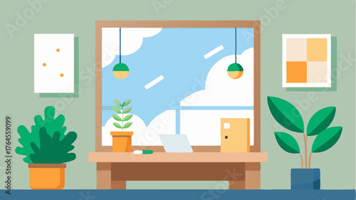 A stylish workspace with a large desk greenery jotted notes pinned on a corkboard and an inspiring view outside.