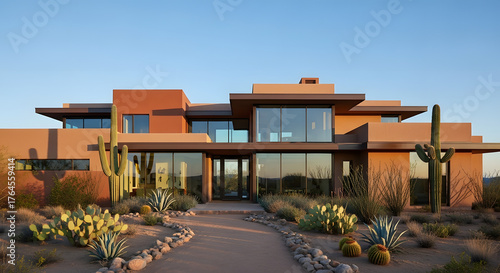 Modern desert home with native plants and clear blue sky in scottsdale, az