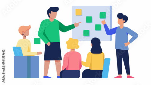 A facilitator leading a brainstorming session using sticky notes on a whiteboard to capture innovative ideas from participants.