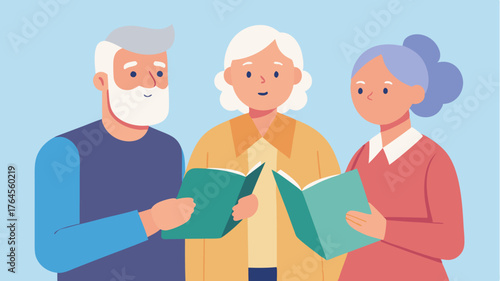 An elderly couple discussing local resources with a knowledgeable staff member surrounded by informative pamphlets.