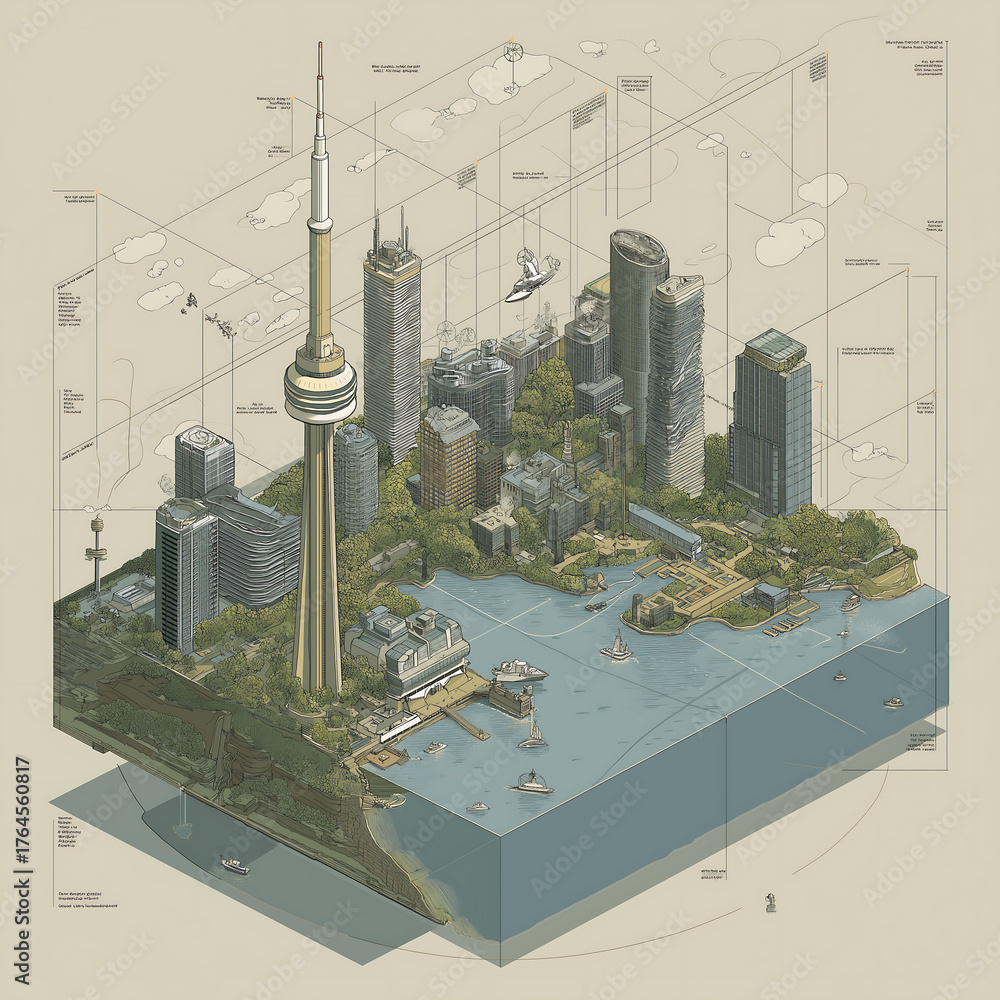 Obraz premium A futuristic cityscape of Toronto with the CN Tower in the center, surrounded by modern skyscrapers, churches as beacons of light, eco-urban design elements, bold warm colors, and clean, intentional v
