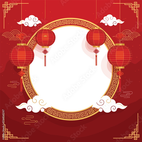 Festive Chinese New Year Lanterns and Clouds Frame.