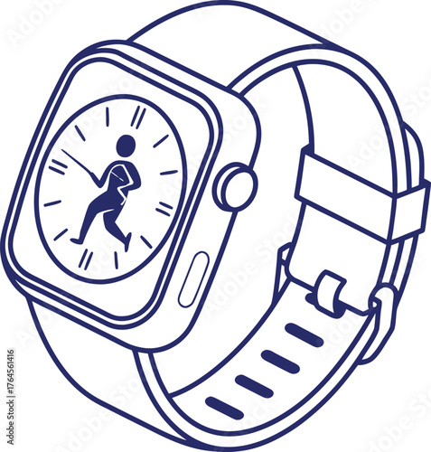 Illustration of a smartwatch with a running figure on the display and a strap with buckle design