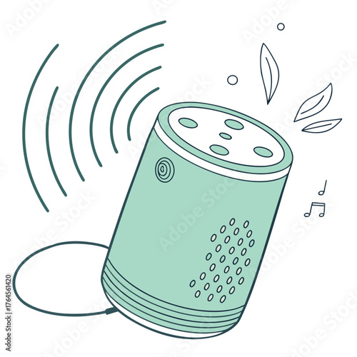 Illustration of a mint green smart speaker emitting sound waves with leaves and music notes nearby