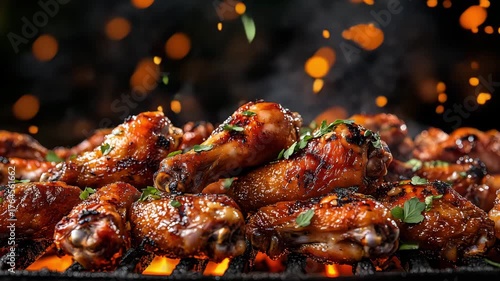 Grilled chicken wings coated in savory sauce are being cooked over hot coals as smoke and spices fill the air over dark background