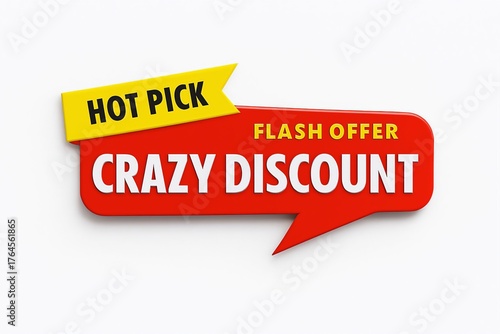 Bold red speech bubble with crazy discount and flash offer text plus a yellow hot pick banner