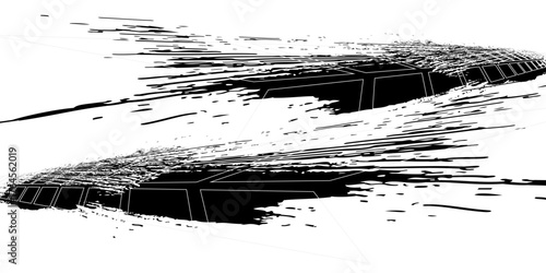 Tire tread marks, wheel textures, tire marks - car racing, motocross, drift, rally, off-road and others. Vector black isolated texture in grunge style with