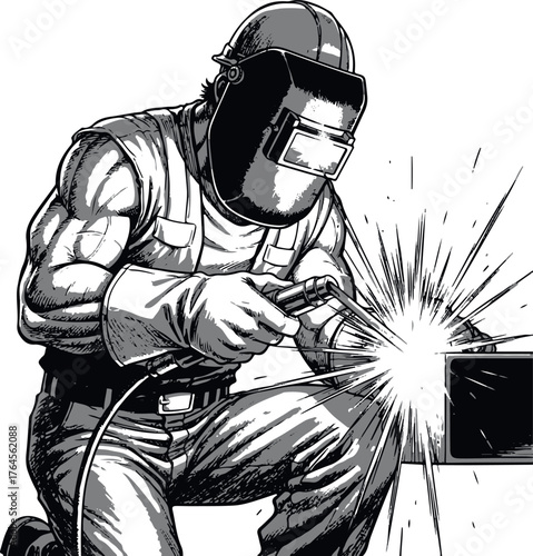 Illustration of a welder working with sparks flying.