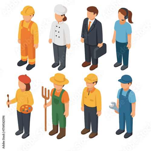 Isometric professions people icon. Professional occupation icons including builder, chef, office worker support worker, farmer, courier, locksmith