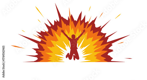 Silhouette of person jumping amidst an explosion of orange and yellow