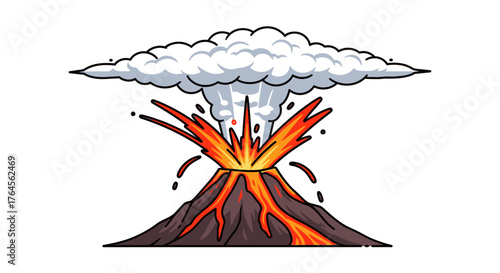 A cartoon volcano erupting with lava and ash cloud