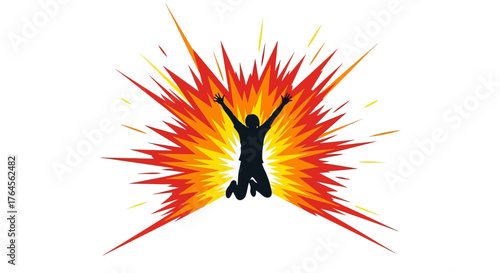 Silhouette of a person jumping amidst a vibrant explosion of red and orange