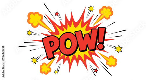 Comic book style POW sound effect with starbursts and smoke