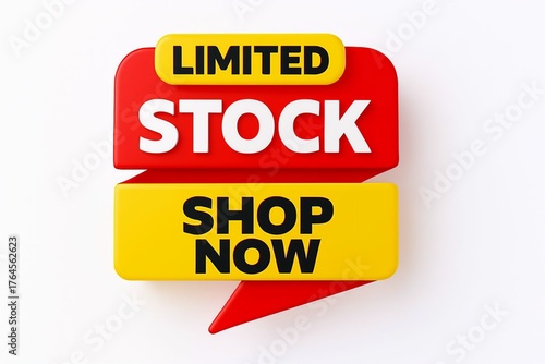 Bold red and yellow limited stock shop now sale tag with white background for retail promotions and advertising