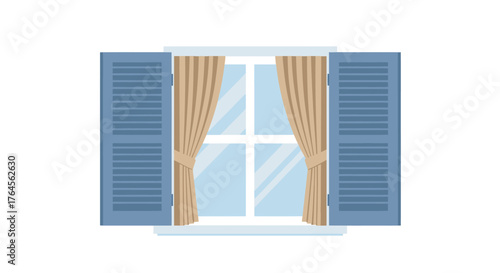 Open window with blue shutters and beige curtains white frame
