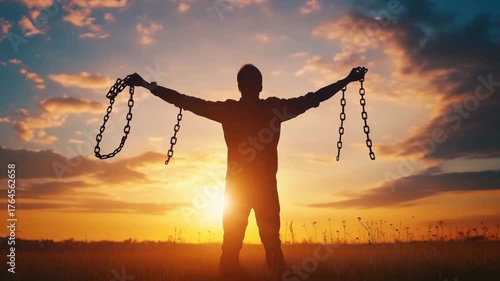 A man stands in an open field, holding broken chains above the head against a vibrant sunset backdrop, evoking sense of freedom and breaking the limits
