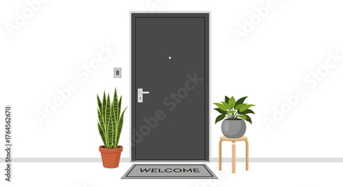 A gray door with plants and a welcome mat outside