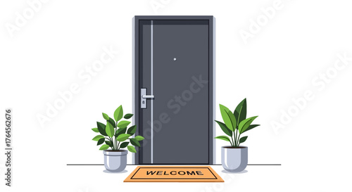 A grey door stands centered flanked by two potted green plants and a WELCOME mat