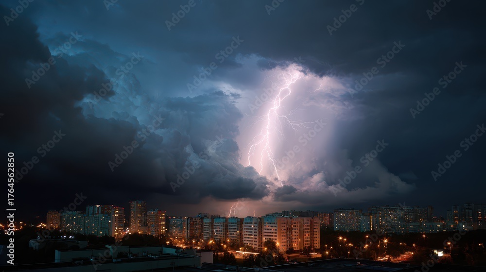 Fototapeta premium City Power Outage: Thunderstorm Causes Blackout in City at Evening