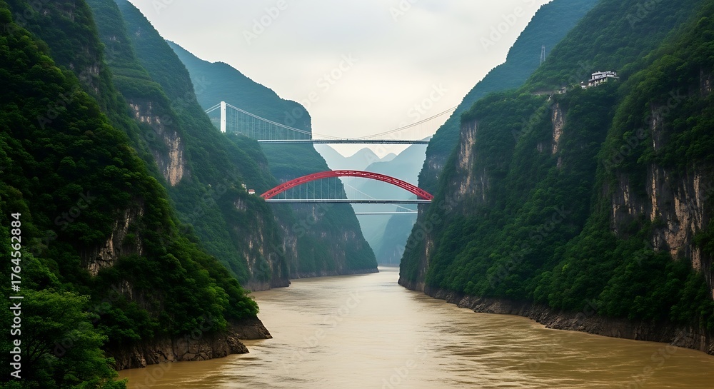 Fototapeta premium Majestic red arch bridge spanning a wide river between steep green cliffs