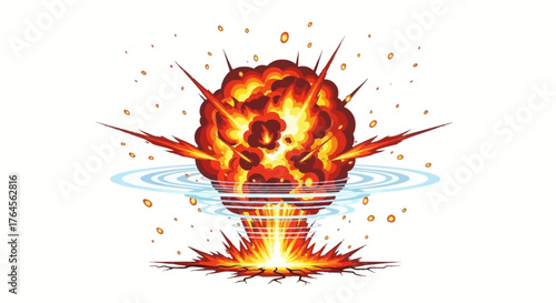 An explosion with fire debris and water ripples