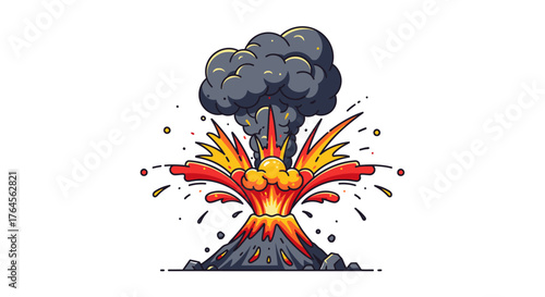 Cartoon volcano eruption with smoke fire and debris