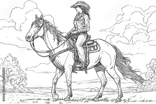 Coloring Page Cowboy and Cowgirl. Black-and-White Tale of Cowboys and Cowgirls with their Horse