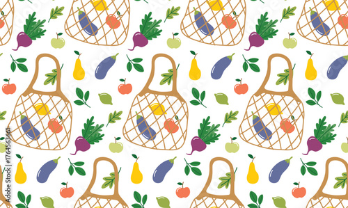 Hand drawn seamless pattern with eco friendly bags, vegetables and fruits. Zero waste and organic concept background