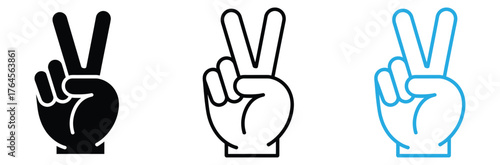 Hand peace icons graphics set in black and blue colors,Peace sign hand gestures for freedom, success, and victory in diverse styles,Hand gesture V sign for victory or peace flat vector icon