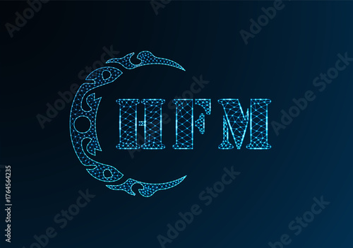 Low poly letter logo HFM design. HFM letter logo low poly vector design on blue color gradient background. HFM logo low poly design
