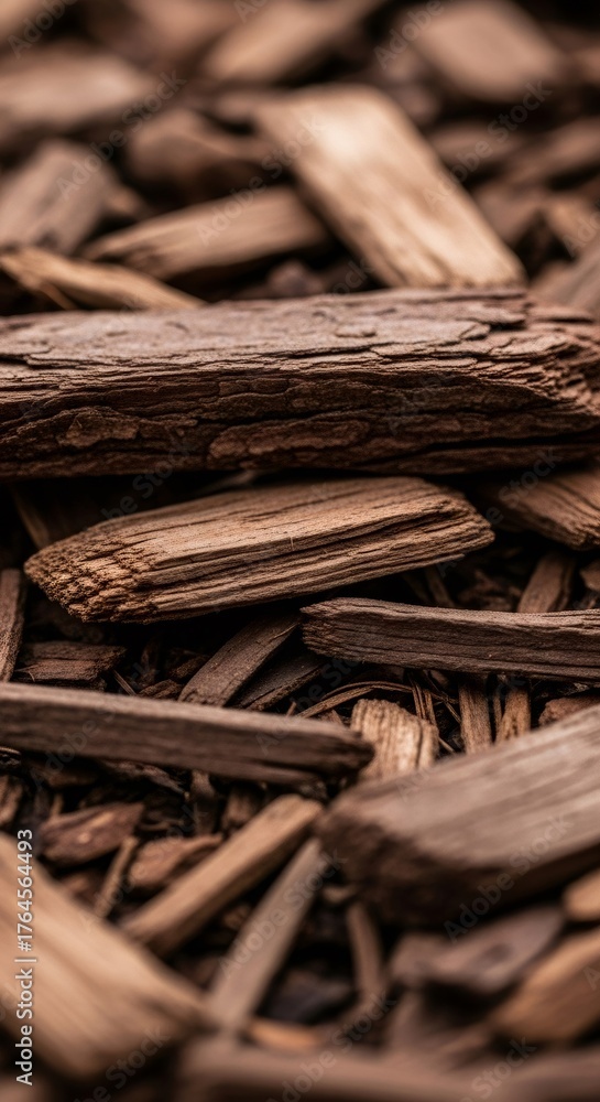 Fototapeta premium Wood chip texture background. Natural cover material for garden bed and backyard landscaping. Organic mulch for plant and tree maintenance.