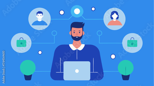 A scene depicting a remote worker participating in a meeting via a tablet surrounded by floating connectivity icons.