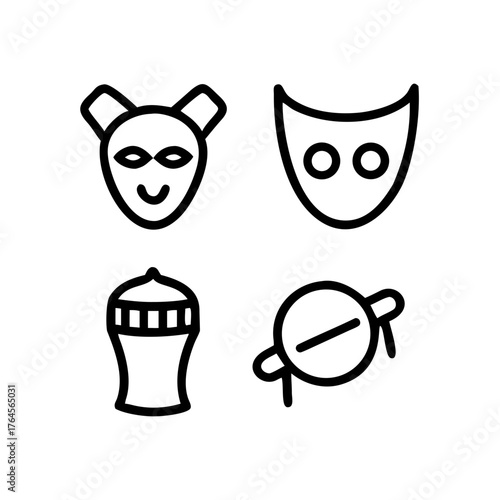 Set of decorative and theatrical mask icons in minimal line art style
