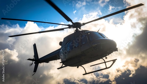 A dark helicopter soars against a bright sky with fluffy clouds, propellers spinning, view looking upward