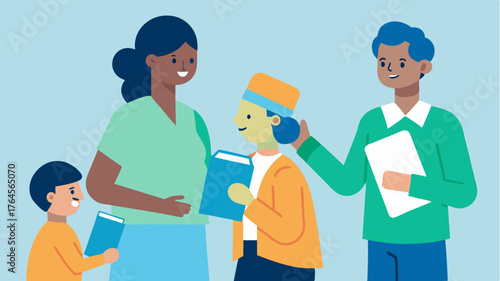 A volunteer hands out informational brochures on local health resources making sure everyone knows about available services beyond the mobile unit.