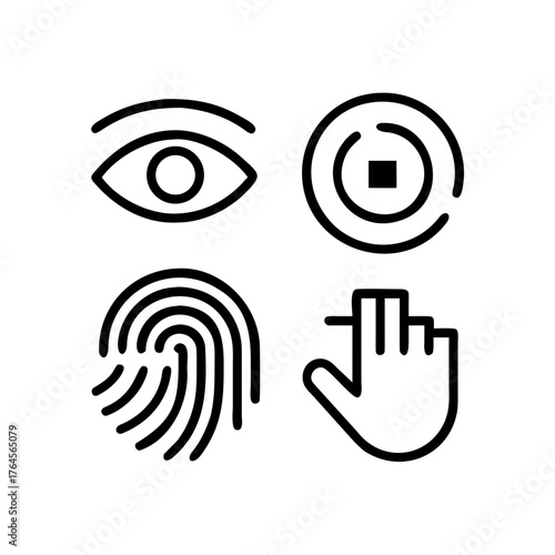 Biometric security icons set with eye fingerprint and touch control
