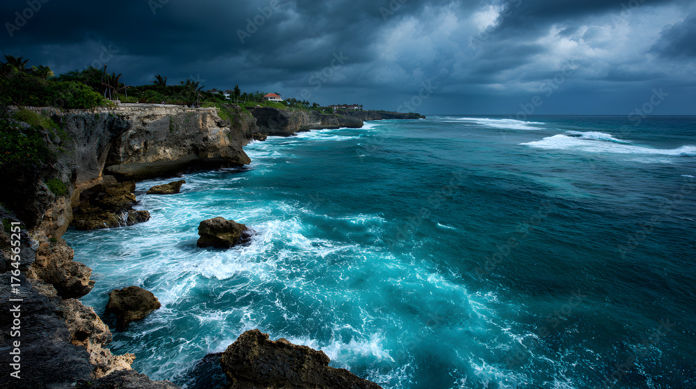 Fototapeta premium Dramatic stormy seascape with vibrant turquoise water crashing against rugged cliffs, a powerful and awe-inspiring natural scene for travel inspiration