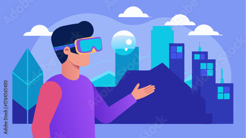 A user interacting with smart glasses showcasing augmented reality navigation overlays on a scenic city backdrop.