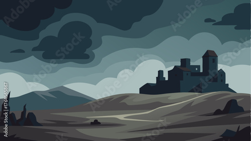 Dark clouds rolling in over a desolate landscape casting an ominous shadow on an abandoned village where wind whispers secrets of the past.